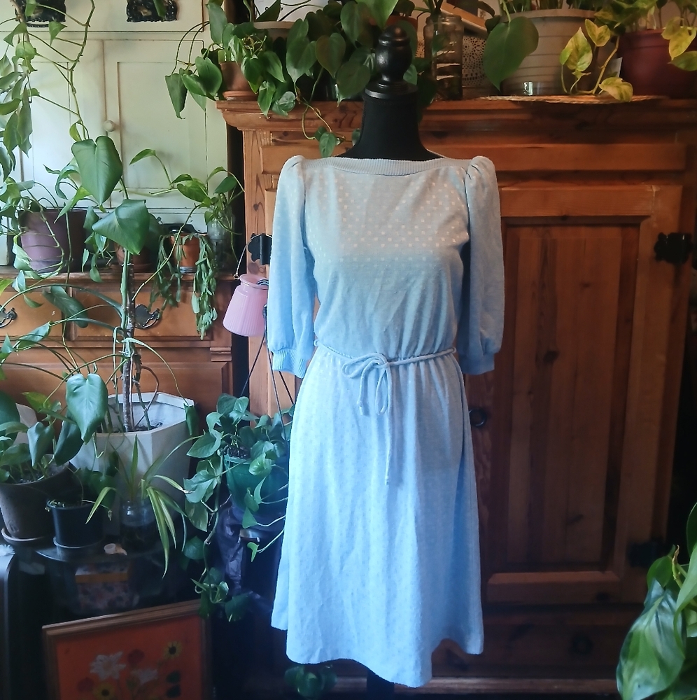 80s Vintage Pastel Goth Baby Blue Dress Geometric Metallic Pattern Size XS